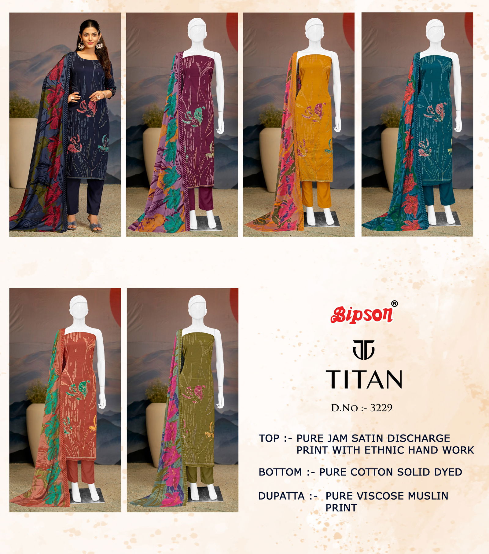 Titan 3229 By Bipson Jam Satin Printed Dress Material Wholesalers In Delhi